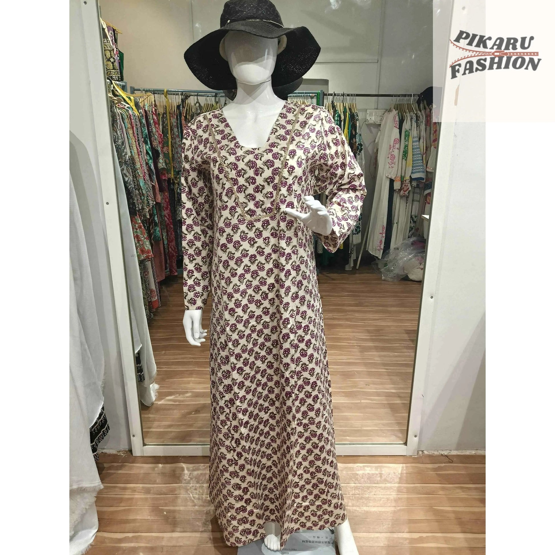 Hand-Block Printed Cotton Maxi Dress with Long Sleeves - PIKARU FASHION