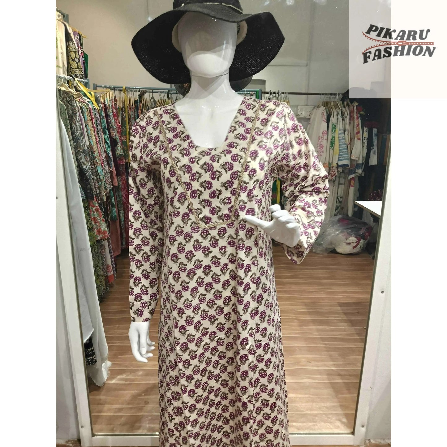 Hand-Block Printed Cotton Maxi Dress with Long Sleeves - PIKARU FASHION