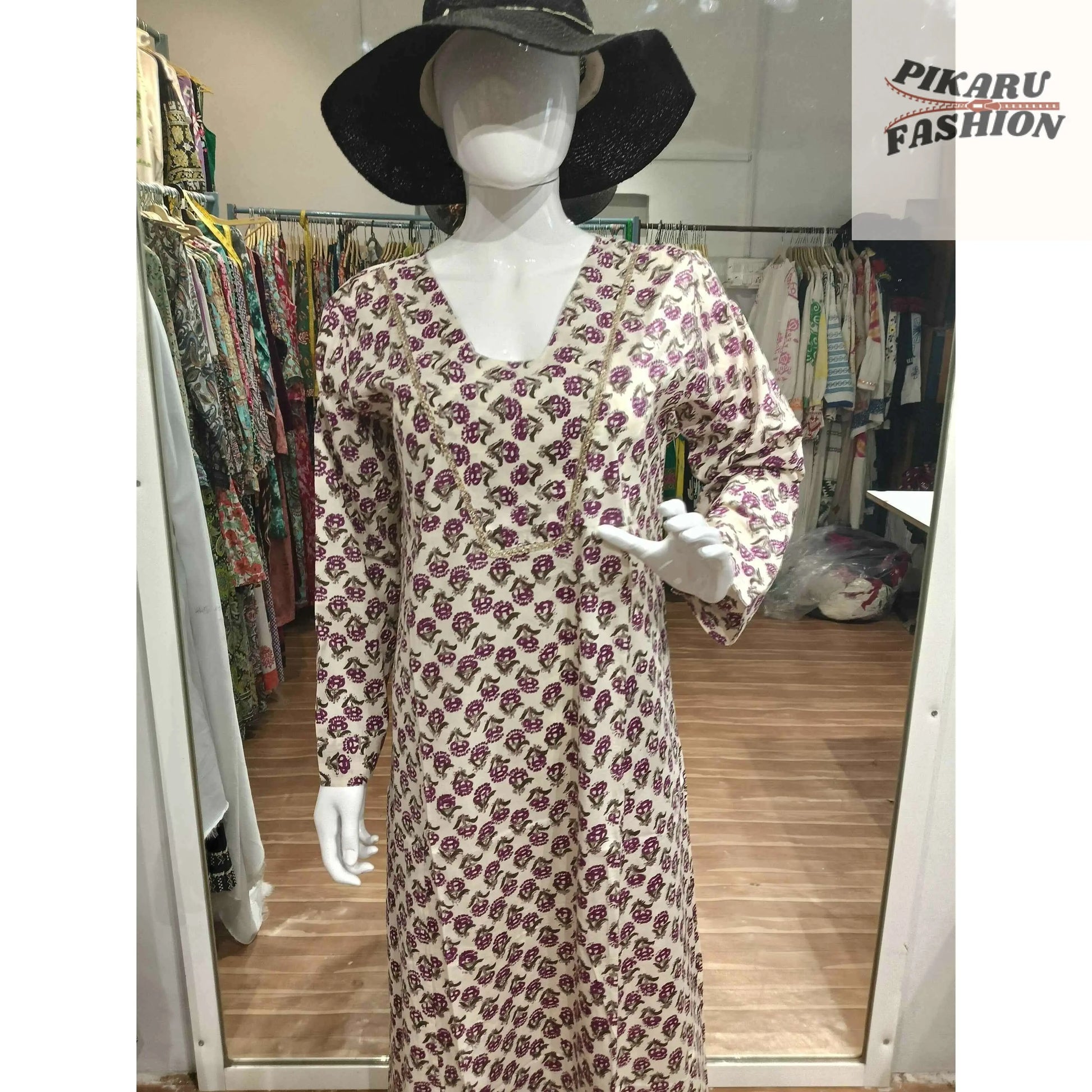 Hand-Block Printed Cotton Maxi Dress with Long Sleeves - PIKARU FASHION