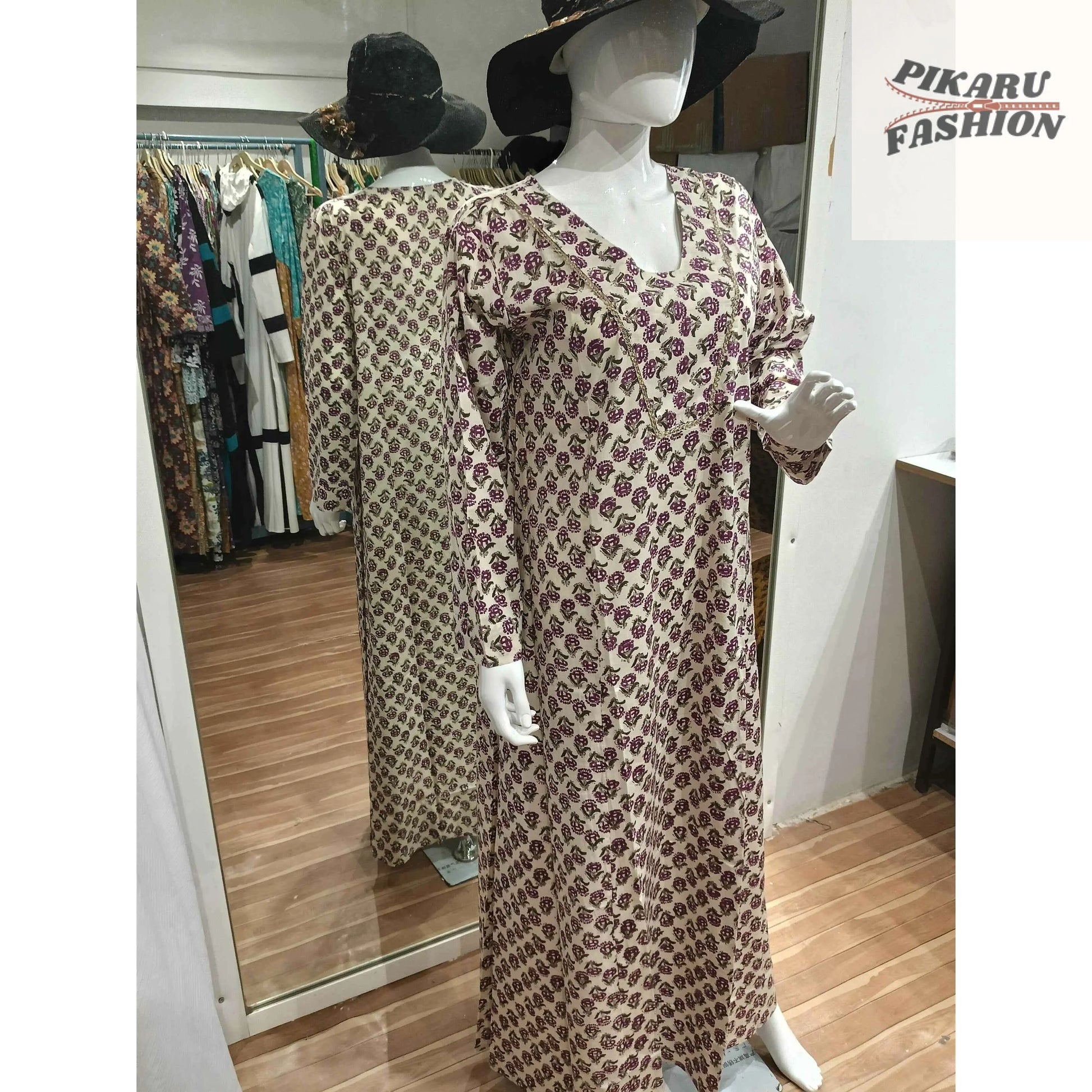 Hand-Block Printed Cotton Maxi Dress with Long Sleeves - PIKARU FASHION