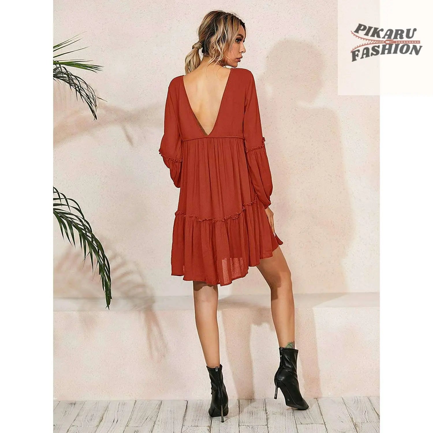 Boho Deep V-Neck Long Sleeve Mini Dress for Women - PIKARU FASHION