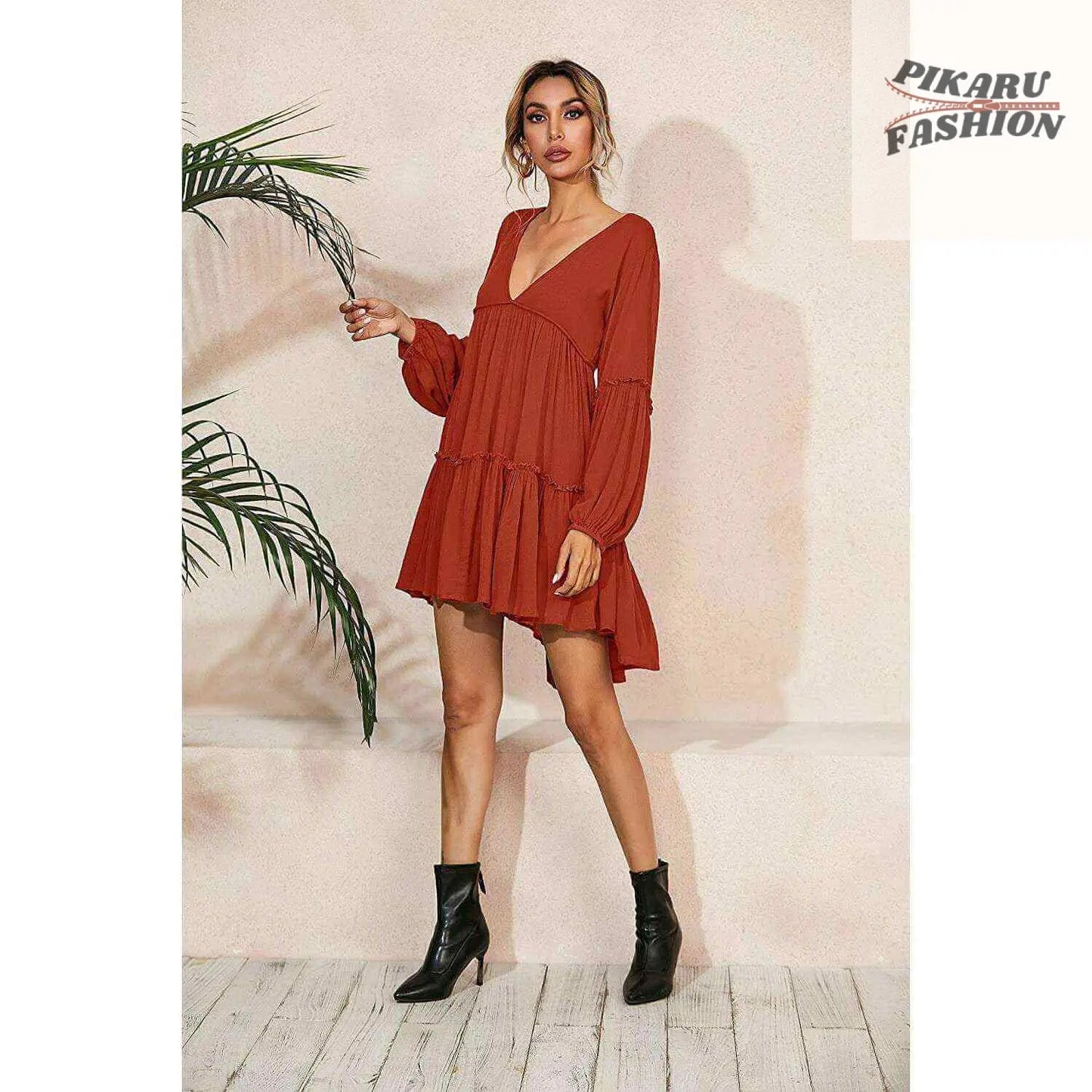 Boho Deep V-Neck Long Sleeve Mini Dress for Women