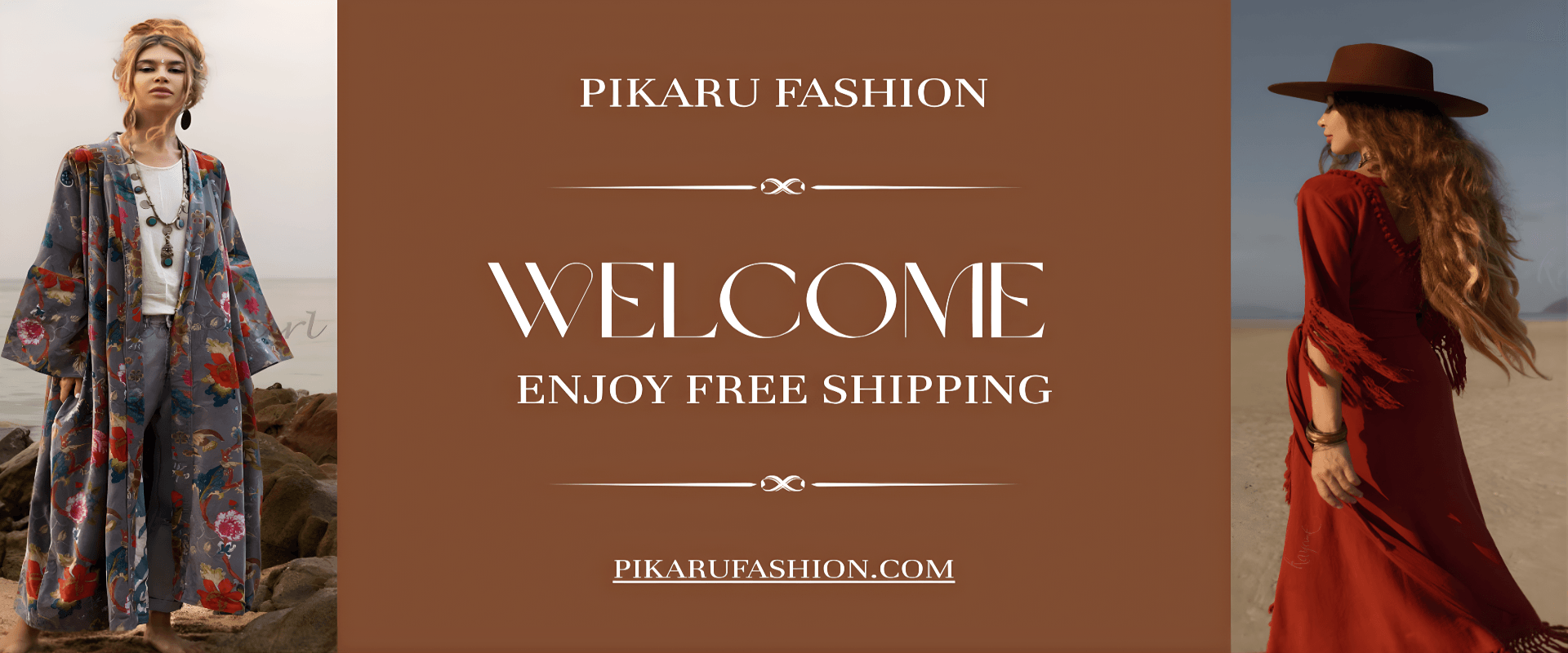 Pikaru Fashion advertisement with two women in stylish outfits against a desert backdrop.