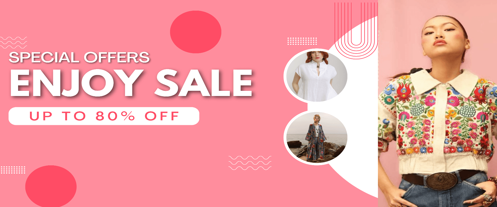 Promotional banner with 'Special Offers Enjoy Sale' text and fashion images on a pink background