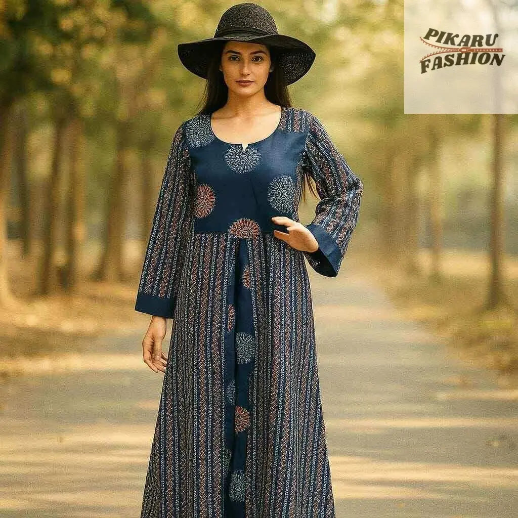 Bohemian Indigo Printed Long Maxi Dress with Tie Waist - PIKARU FASHION