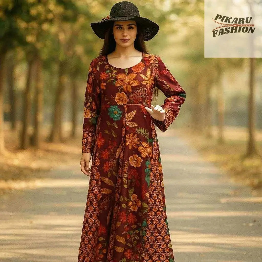 Bohemian Maroon Floral Printed Long Maxi Dress - PIKARU FASHION