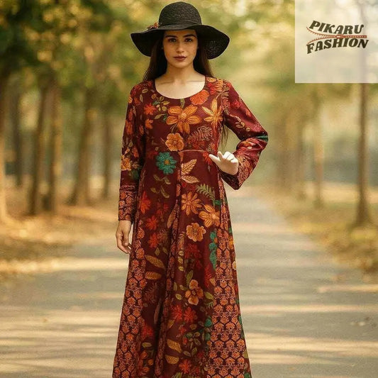Bohemian Maroon Floral Printed Long Maxi Dress - PIKARU FASHION