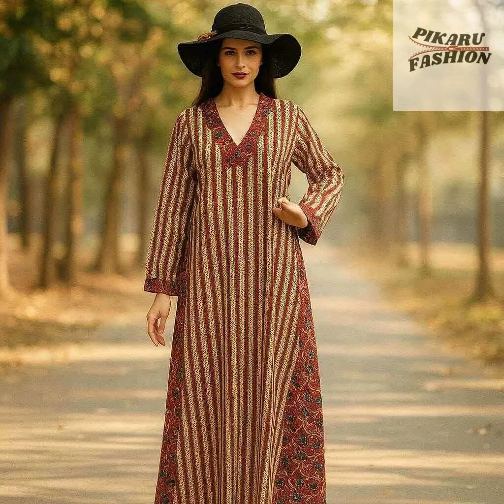 Hand-Block Printed Cotton Maxi Kaftan Dress-PIKARU FASHION - PIKARU FASHION