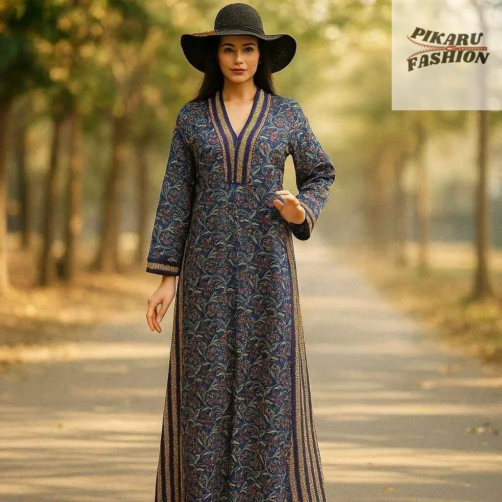 indigo floral abaya style dress - PIKARU FASHION