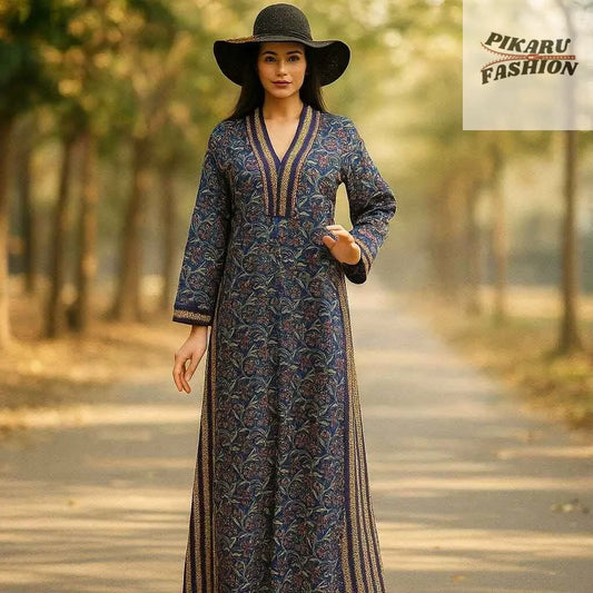 indigo floral abaya style dress - PIKARU FASHION