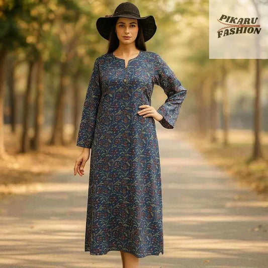 Hand-Block Printed Cotton Kaftan Dress – Blue Floral Pattern - PIKARU FASHION