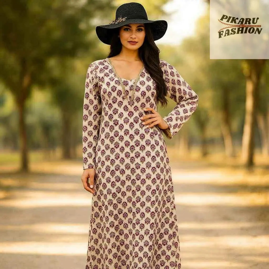Hand-Block Printed Cotton Maxi Dress with Long Sleeves - PIKARU FASHION