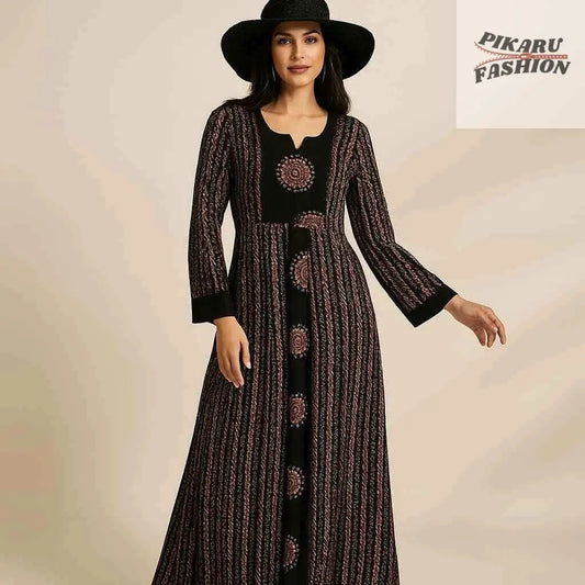 🖤 Black Boho Printed Maxi Dress – Chic & Breezy Style (UAE Collection) - PIKARU FASHION
