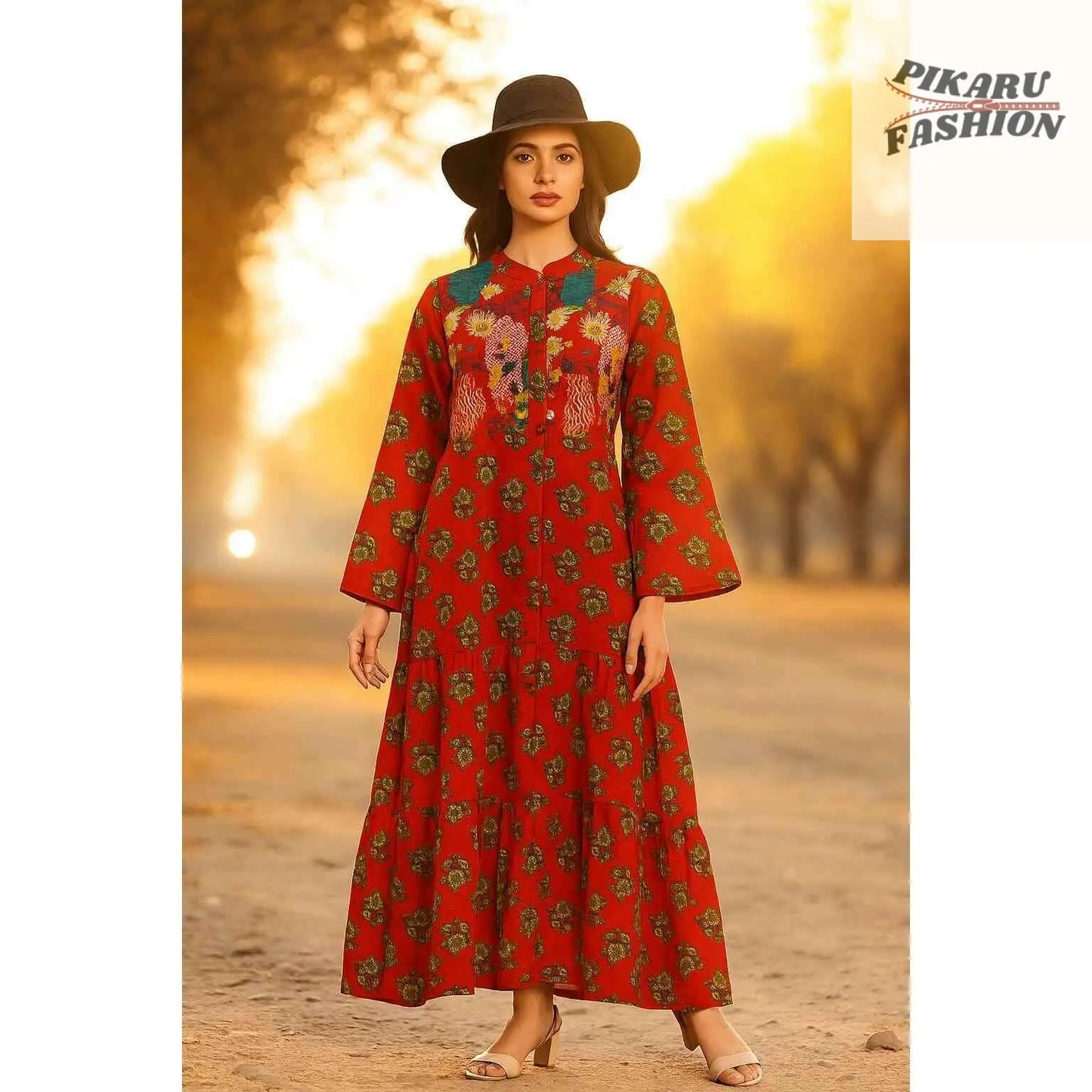 Red Hand-Block Printed Long Cotton Maxi Dress - PIKARU FASHION