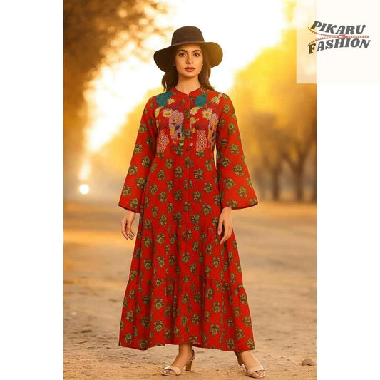 Red Hand-Block Printed Long Cotton Maxi Dress - PIKARU FASHION
