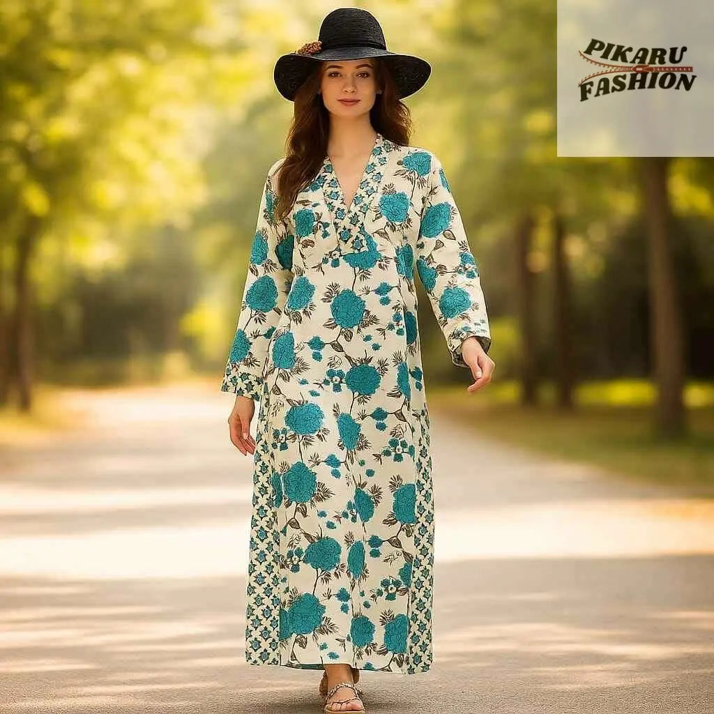 Elegant Floral Printed Cotton Maxi Dress – Blue & White - PIKARU FASHION