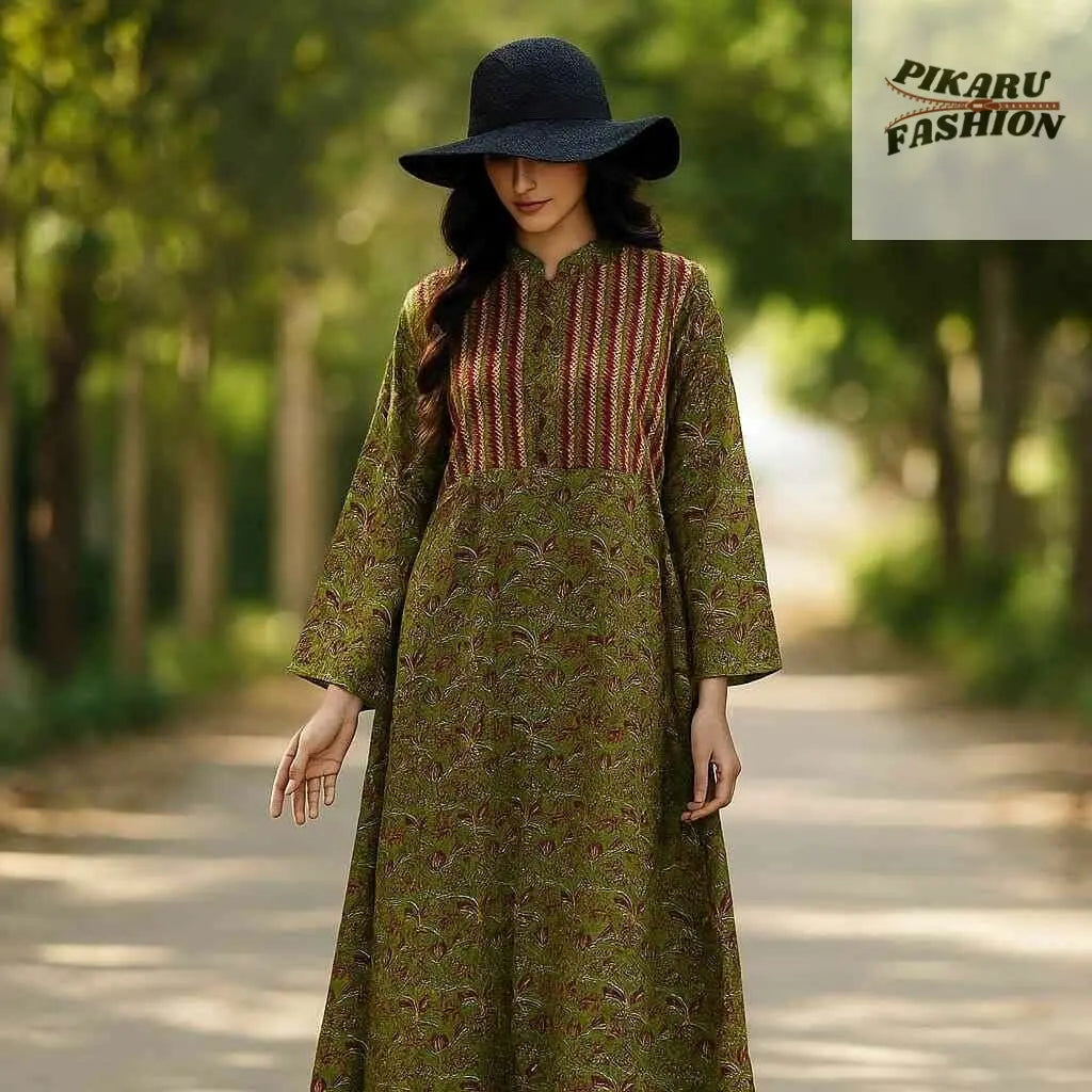 Hand-Block Printed Cotton Maxi Dress with Front Buttons - PIKARU FASHION