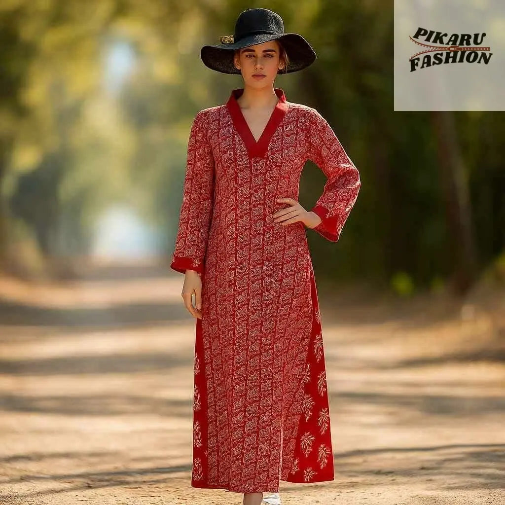 Red Hand-Block Printed Cotton Maxi Dress - PIKARU FASHION