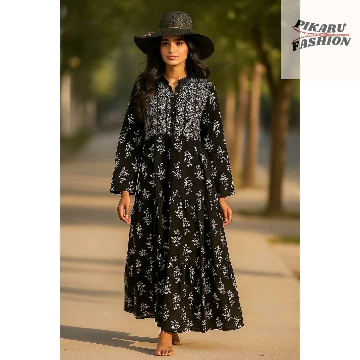 Black Hand-Block Printed Cotton Maxi Dress with White Floral Patterns - PIKARU FASHION
