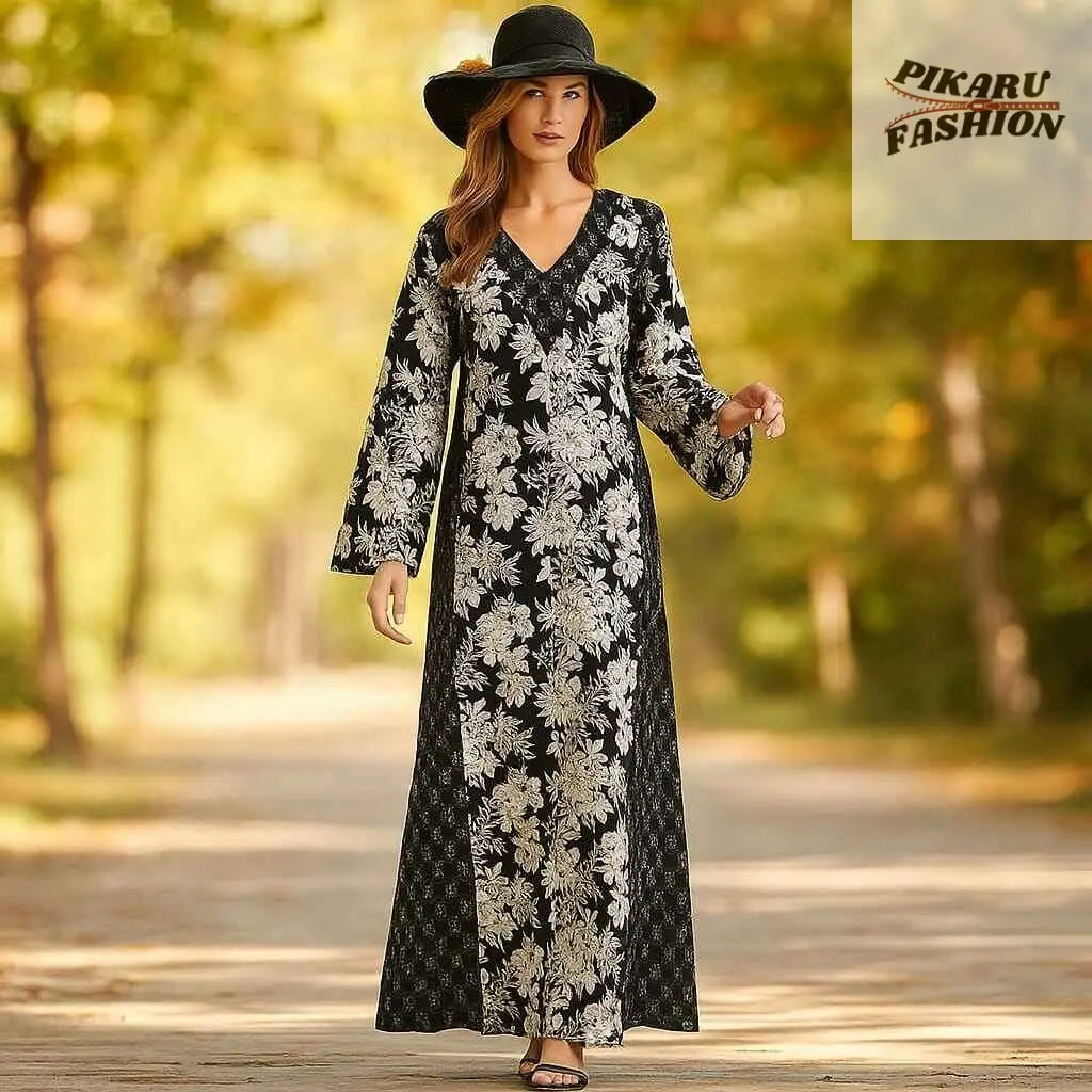 Elegant Black Floral Printed Maxi Dress with Long Sleeves - PIKARU FASHION