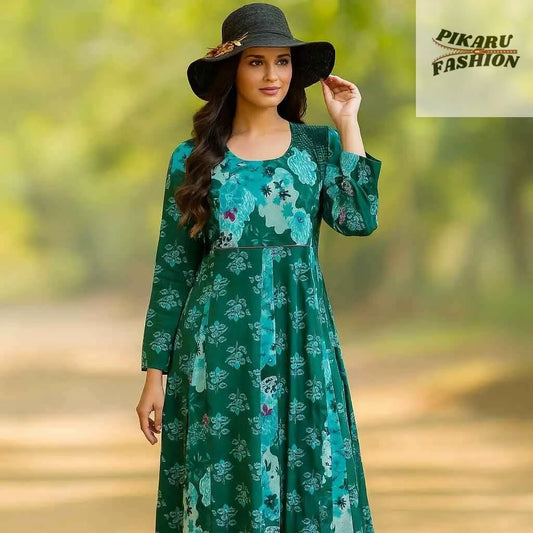 Elegant Green Floral Maxi Dress - PIKARU FASHION