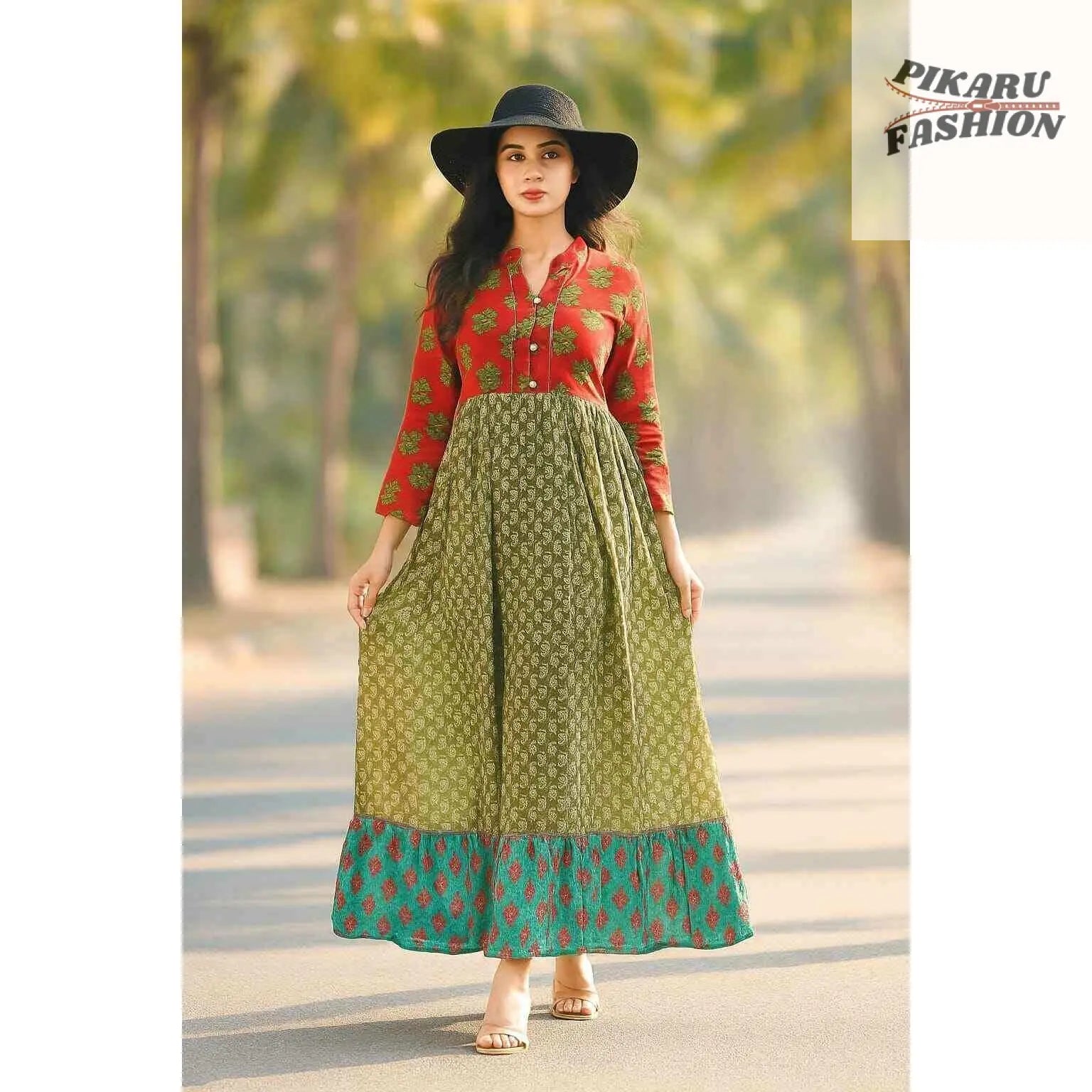 Bohemian Fusion Long Dress – Multicolor Floral Block Print - PIKARU FASHION