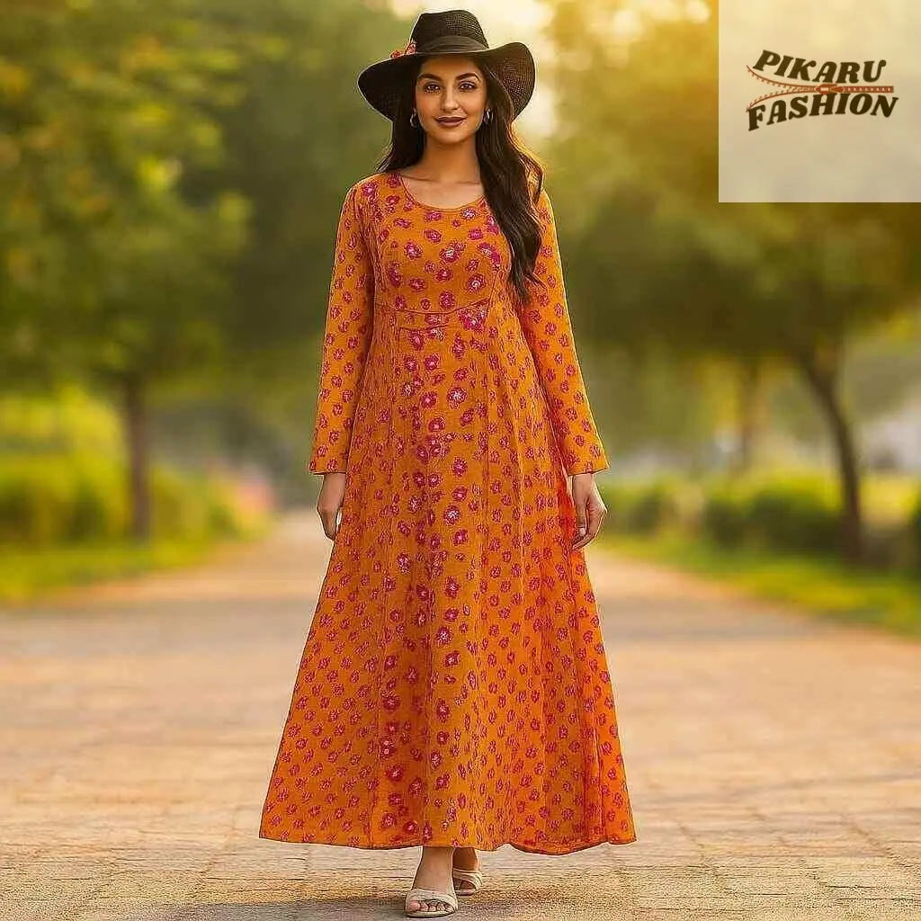 Floral Mustard Maxi Dress – Elegant Long Sleeve Style - PIKARU FASHION