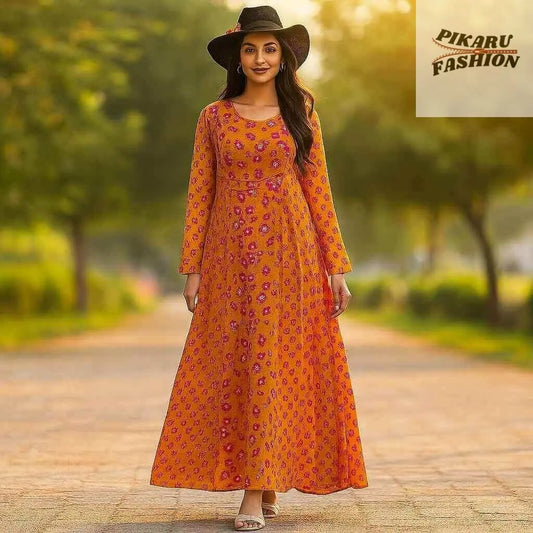Floral Mustard Maxi Dress – Elegant Long Sleeve Style - PIKARU FASHION