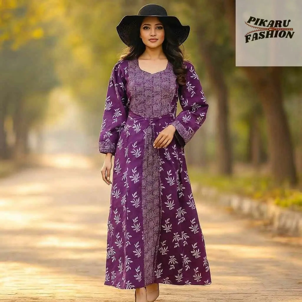 Purple Handblock Printed Long Dress - PIKARU FASHION