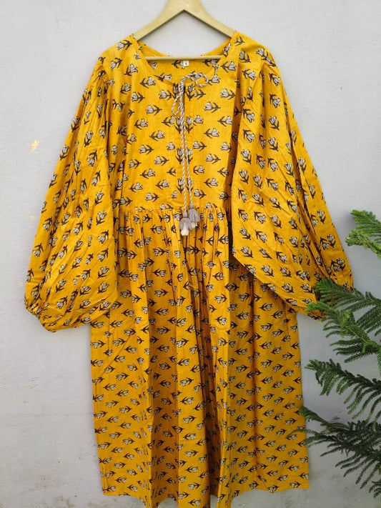 Sunburst Mustard Boho Maxi Dress — Puff Sleeve Cotton Maxi