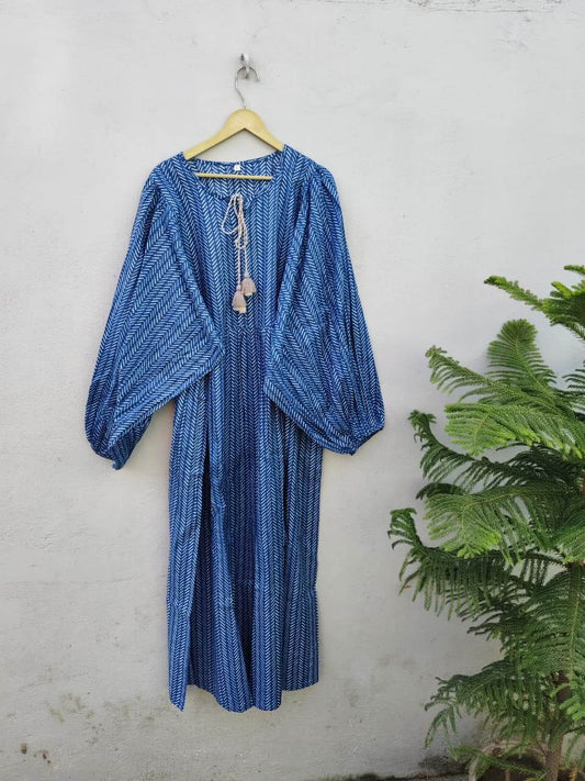 Indigo Bohemian Maxi Dress – Oversized Balloon Sleeves & Tassel Neckline