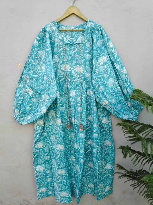 Tribal Patchwork Boho Maxi Dress – Balloon Sleeve Cotton Maxi