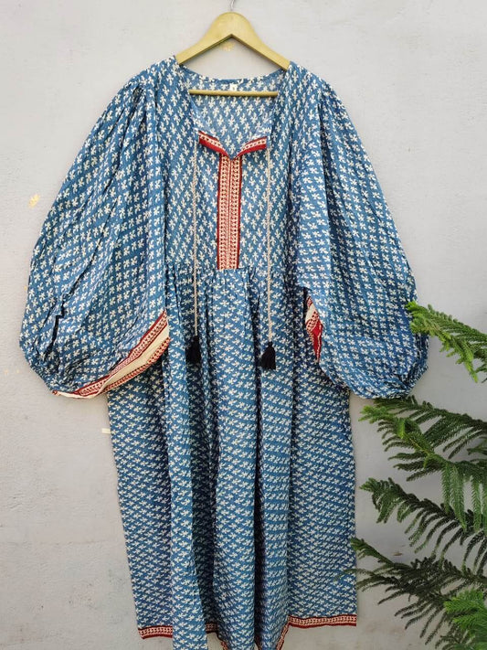Maxi Handcrafted Blue Boho Dress with Balloon Sleeves 