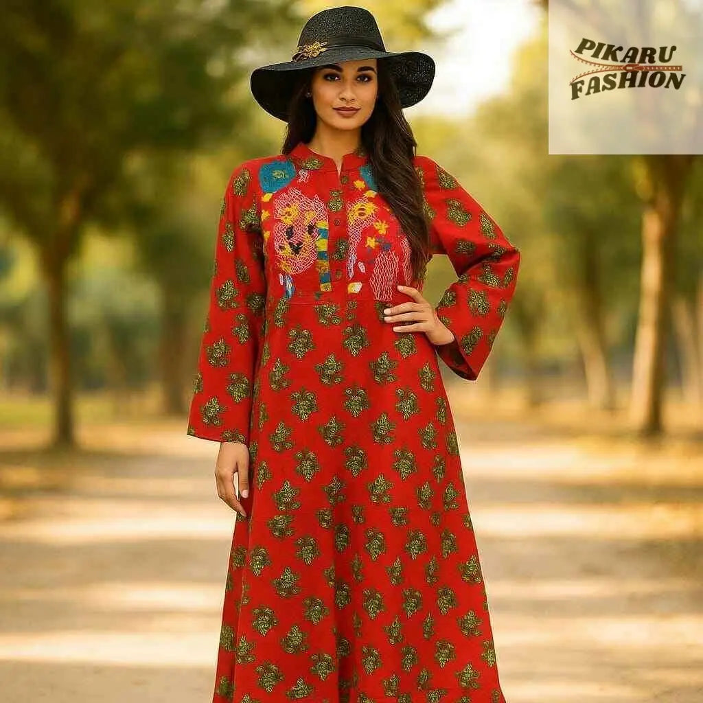 Red Floral Block Print Maxi Dress - PIKARU FASHION
