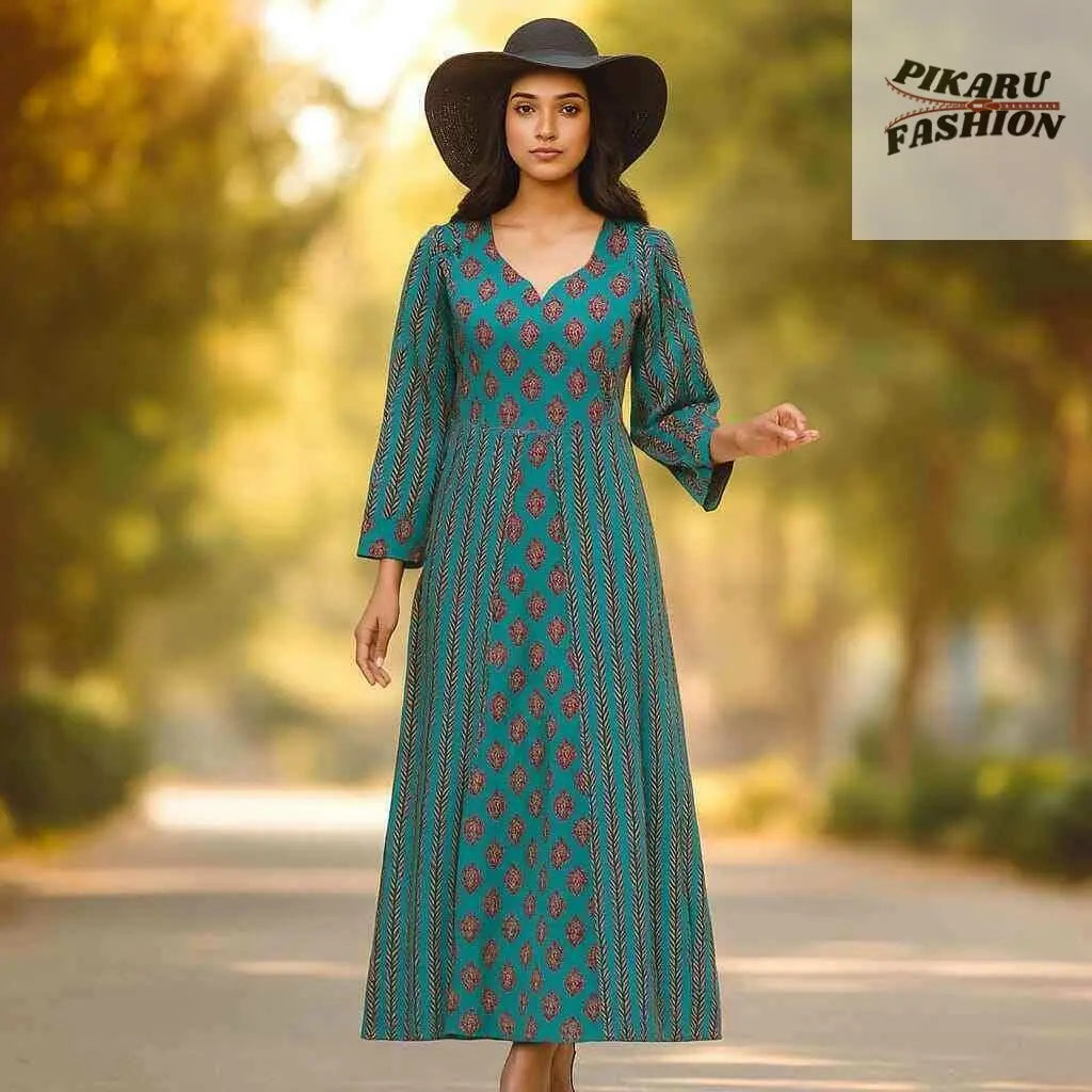 Bohemian Teal Printed Maxi Dress – Elegant & Breezy - PIKARU FASHION