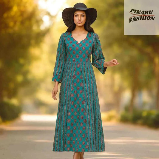 Bohemian Teal Printed Maxi Dress – Elegant & Breezy - PIKARU FASHION