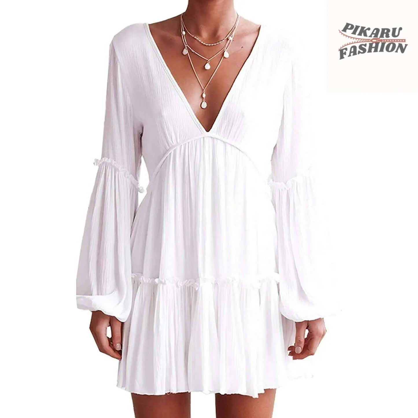 Boho Deep V-Neck Long Sleeve Mini Dress for Women - PIKARU FASHION