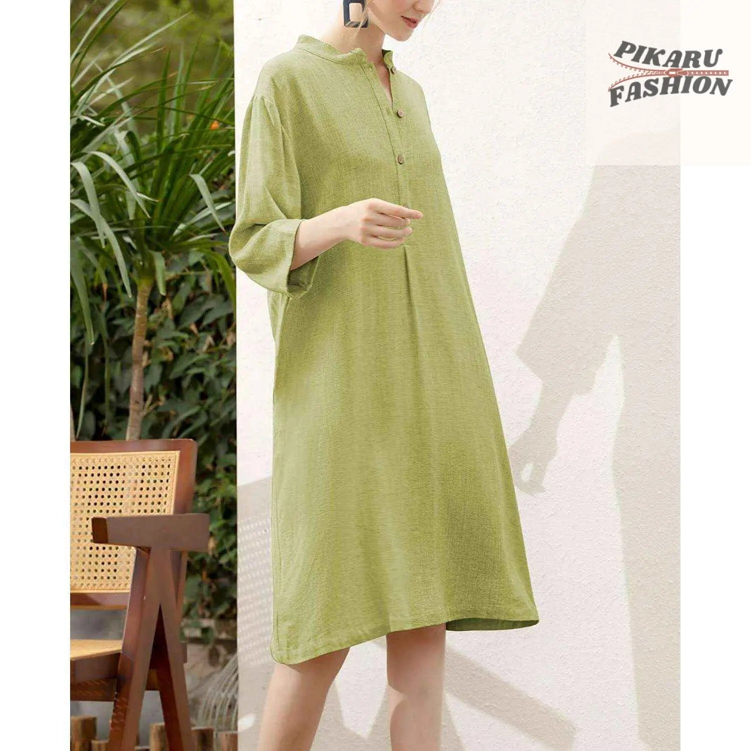 Elegant Dark Green Linen A-Line Shirt Dress for Women | Pikarufashion