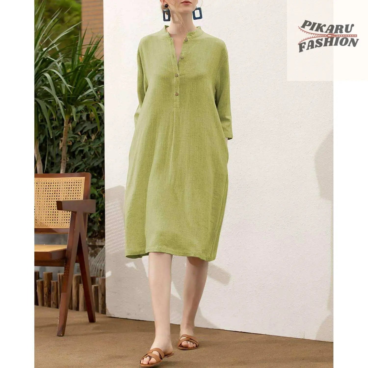 Elegant Dark Green Linen A-Line Shirt Dress for Women | Pikarufashion - PIKARU FASHION
