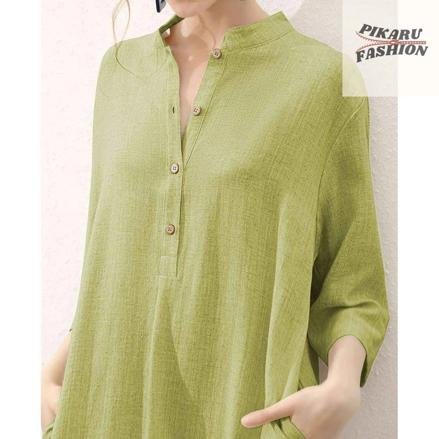 Elegant Dark Green Linen A-Line Shirt Dress for Women | Pikarufashion