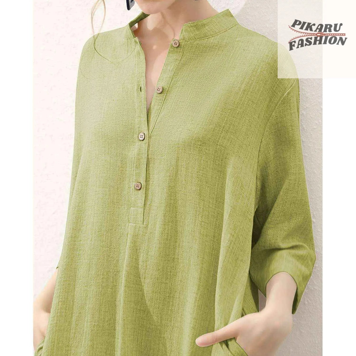 Elegant Dark Green Linen A-Line Shirt Dress for Women | Pikarufashion