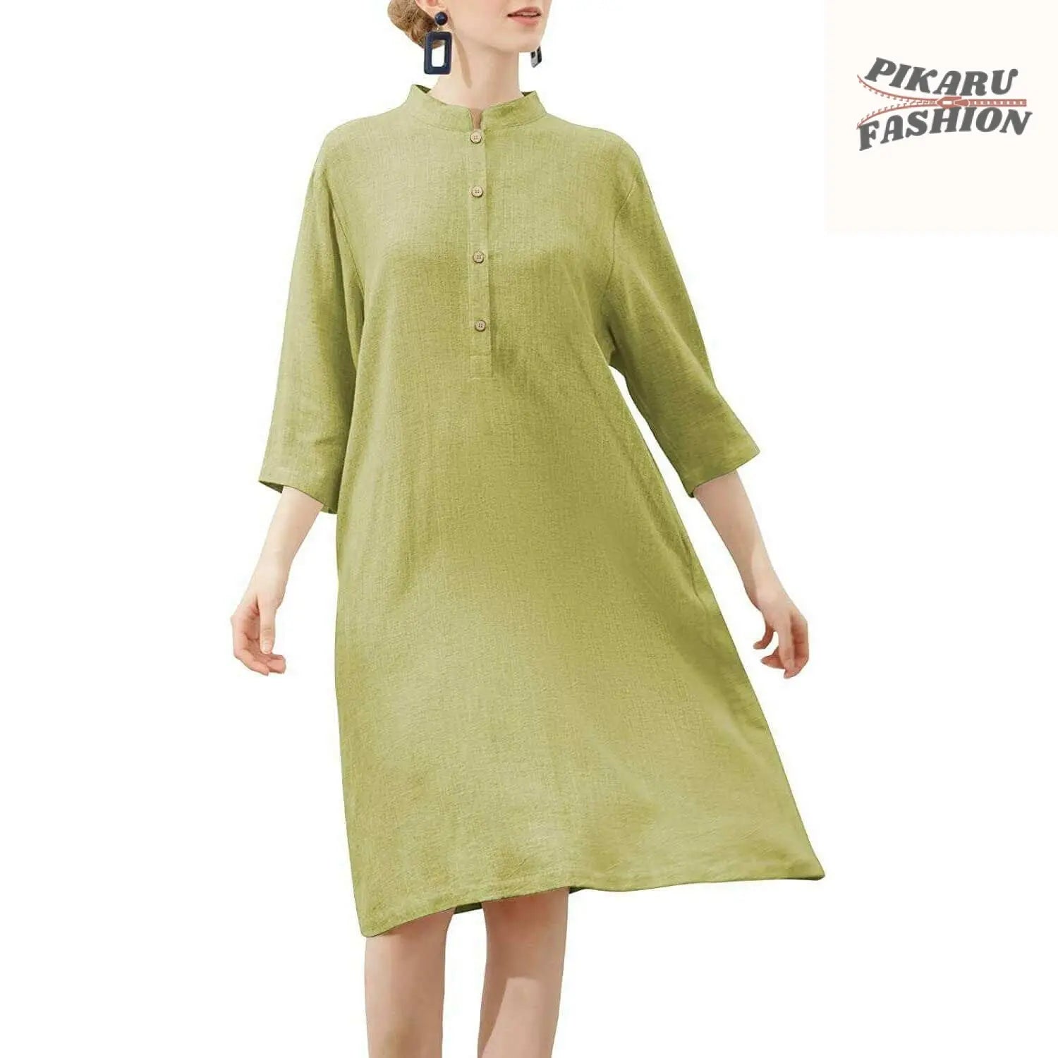 Elegant Dark Green Linen A-Line Shirt Dress for Women | Pikarufashion - PIKARU FASHION