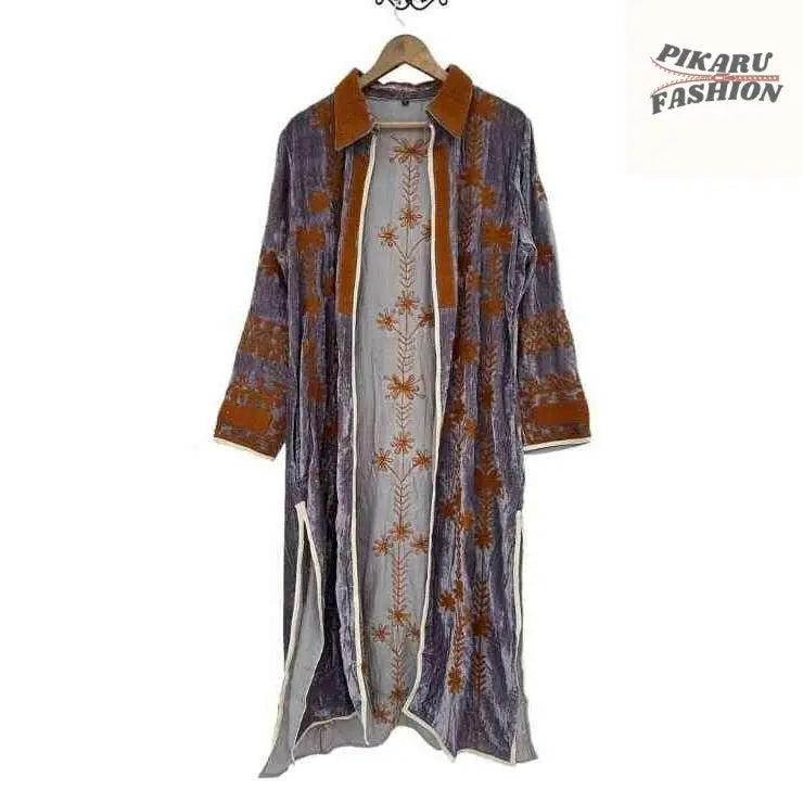 valvet Embroidered Long Kaftan - PIKARU FASHION