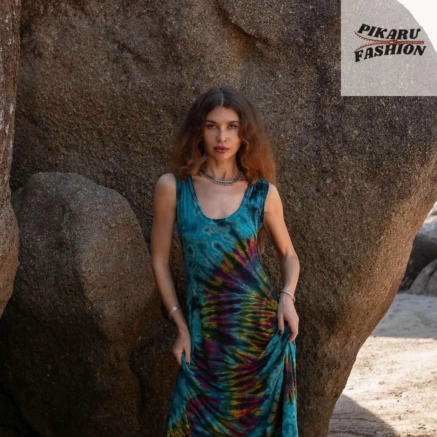 Boho Tie Dye Maxi Dress Teal Rainbow Rayon Sleeveless Summer Dress - PIKARU FASHION