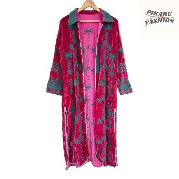valvet Embroidered Long Kaftan - PIKARU FASHION