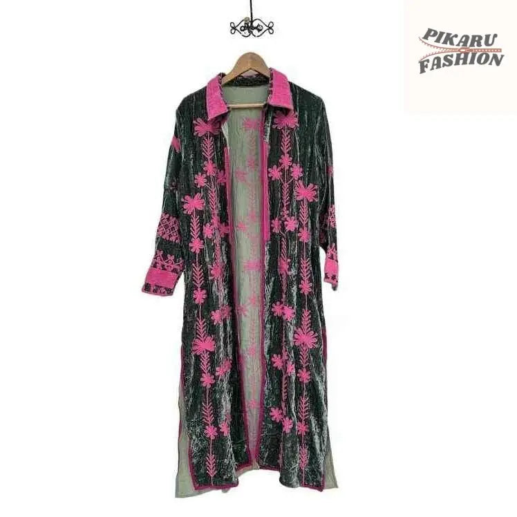 valvet Embroidered Long Kaftan - PIKARU FASHION