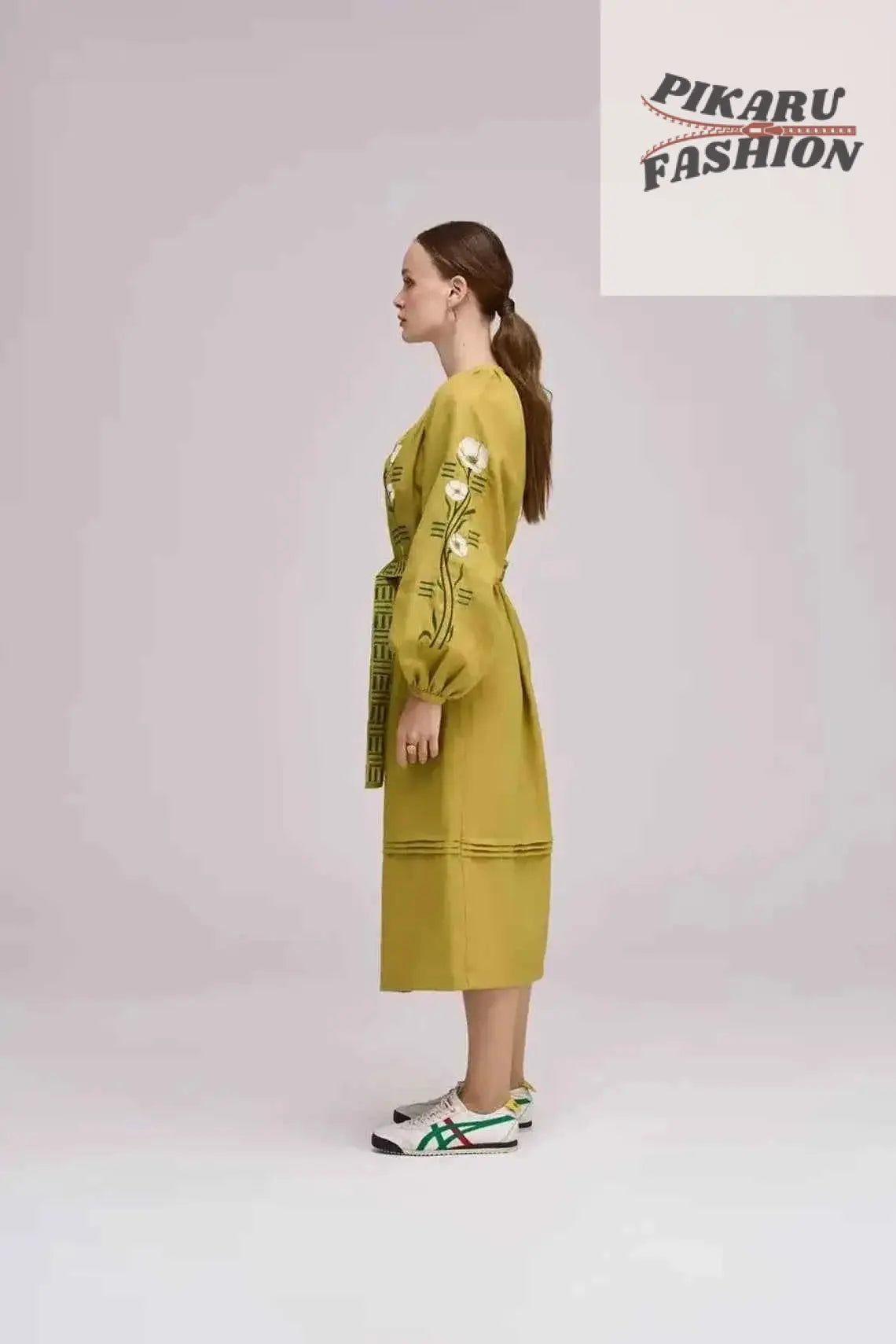 Mustard Floral Embroidered Long Kimono button Coat