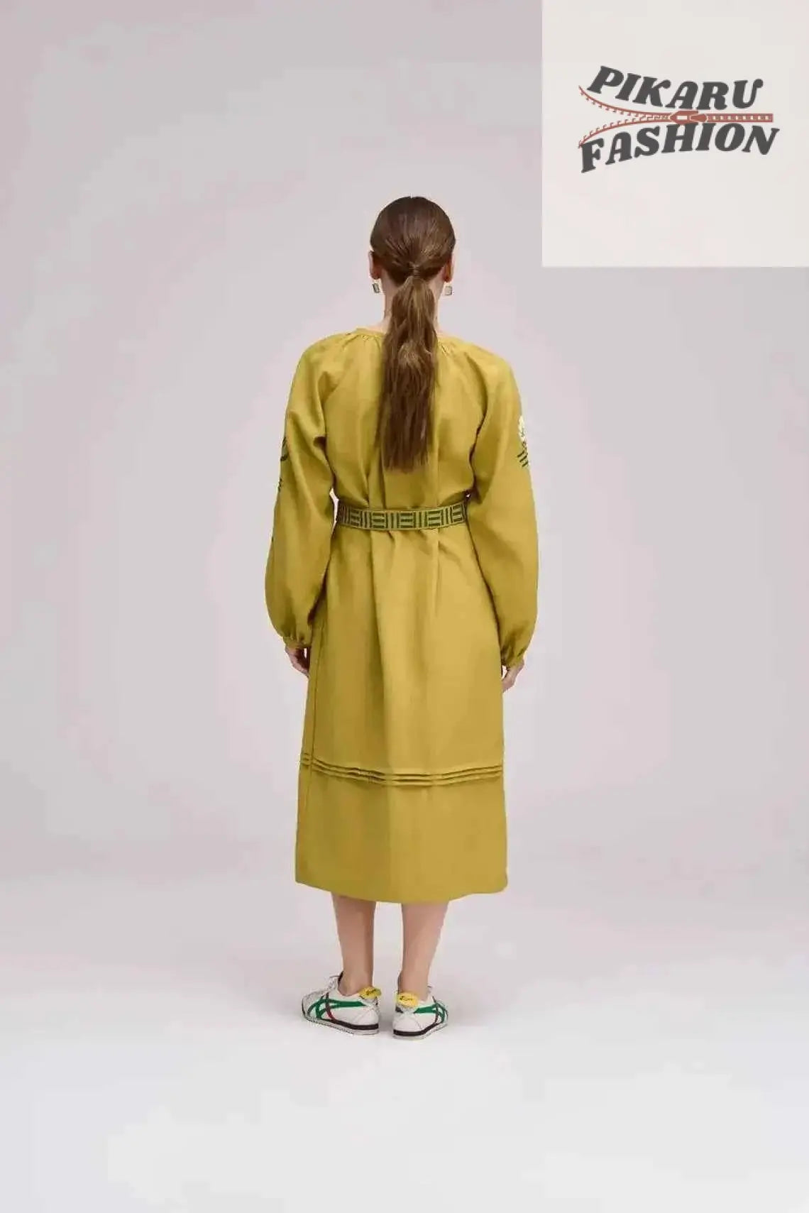 Mustard Floral Embroidered Long Kimono button Coat