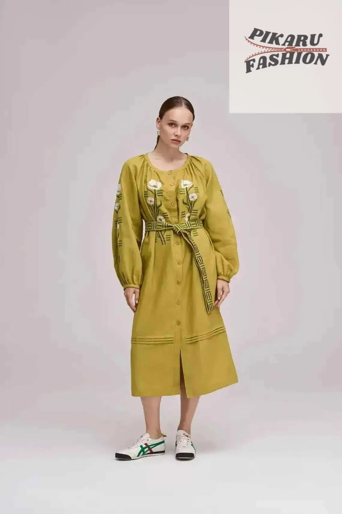 Mustard Floral Embroidered Long Kimono button Coat