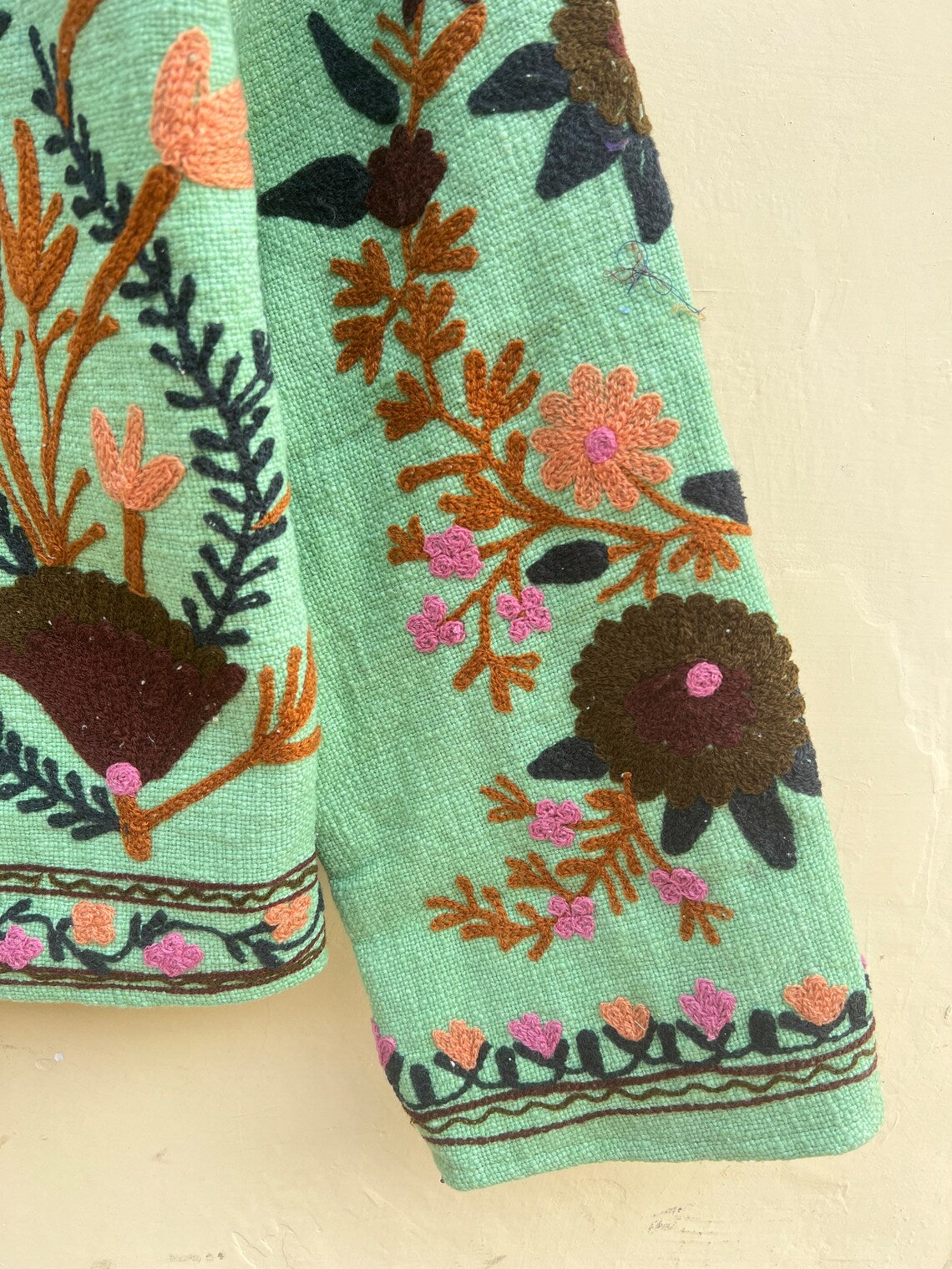 Green Cotton Suzani Embroidered Jacket: Bohemian Winter Coat